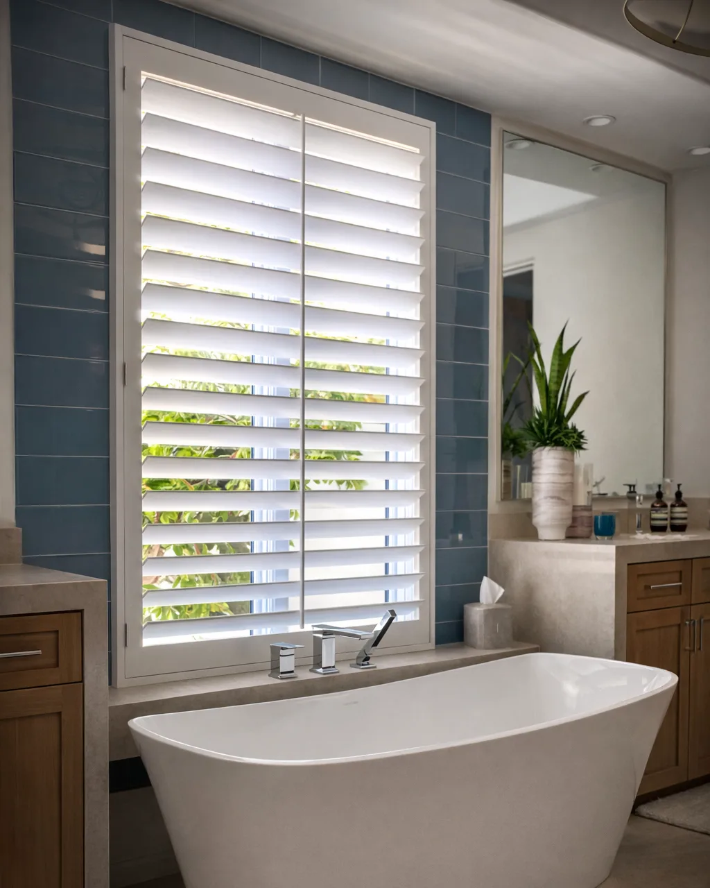 Flat-edge minimalist white shutters with a square frame above a freestanding tub in a blue-tiled bathroom