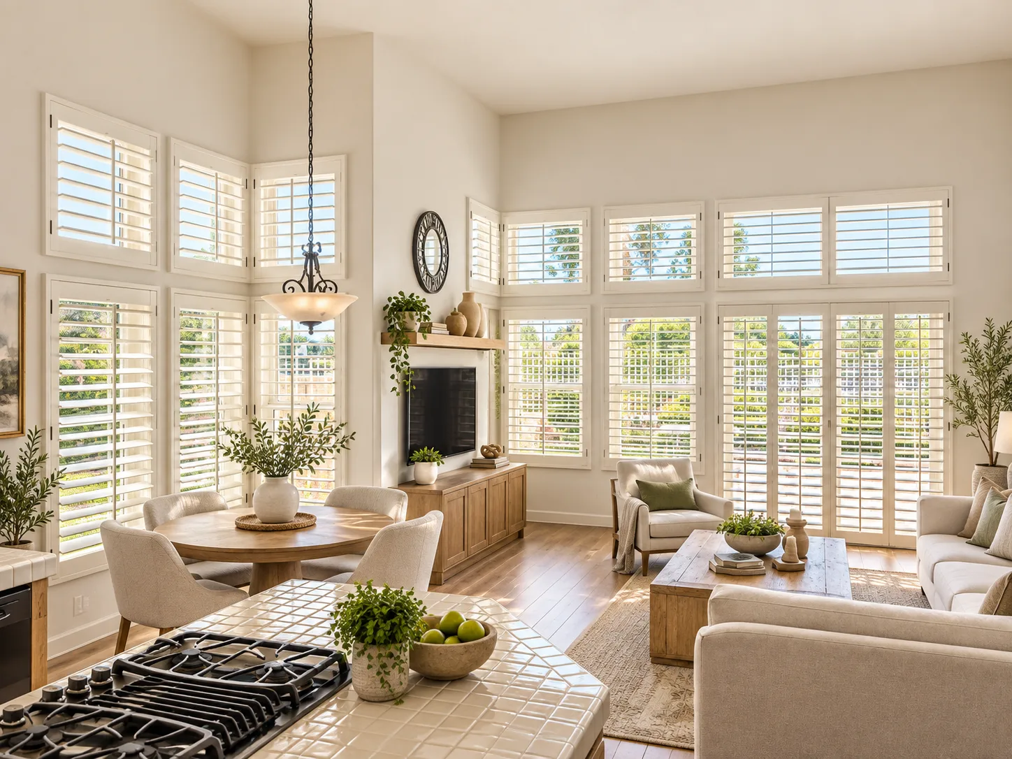 White painted wood plantation shutters on corner windows, transoms, and French doors in an Irvine great room