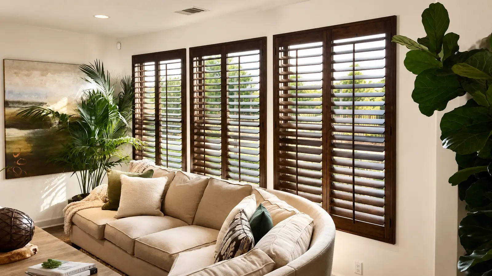 Dark stained basswood plantation shutters spanning a wide living room window