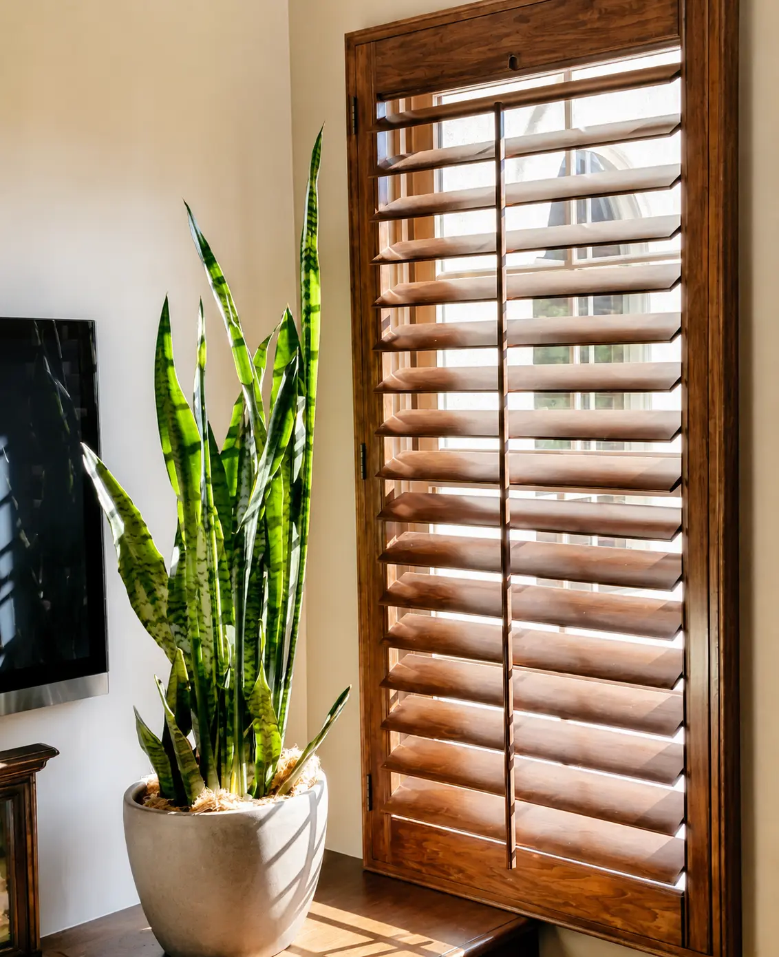 Tall stained-basswood plantation shutter on an arched-top window in an Anaheim Hills home