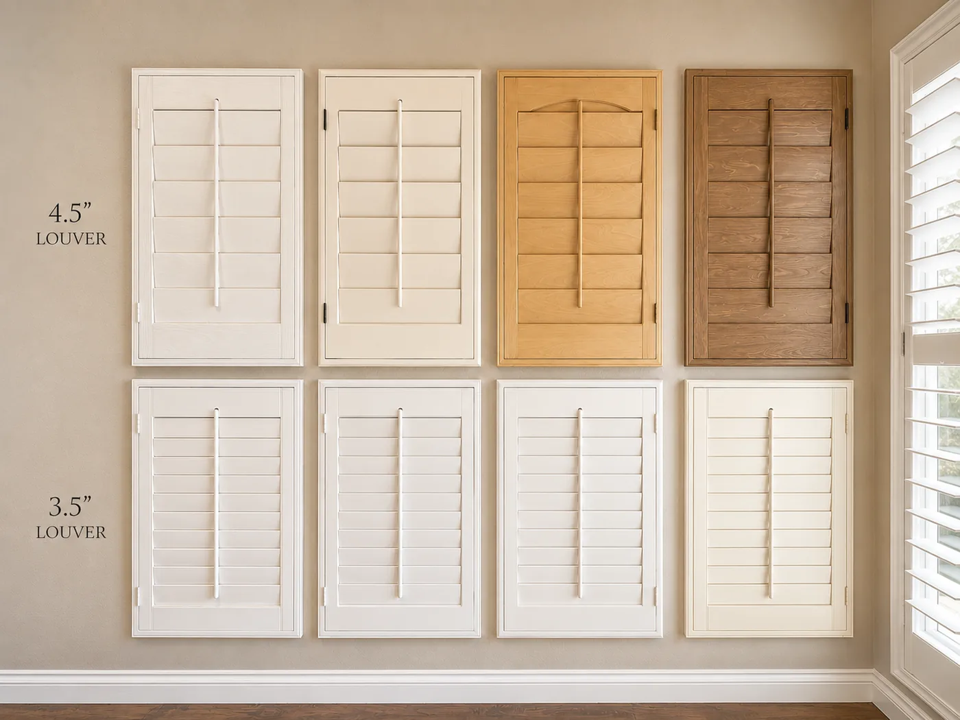 A Golden West showroom display wall with eight framed plantation shutter sample panels in white, cream, honey wood, and medium wood-stain finishes, with the top row labeled 4.5-inch louver and the bottom row 3.5-inch louver