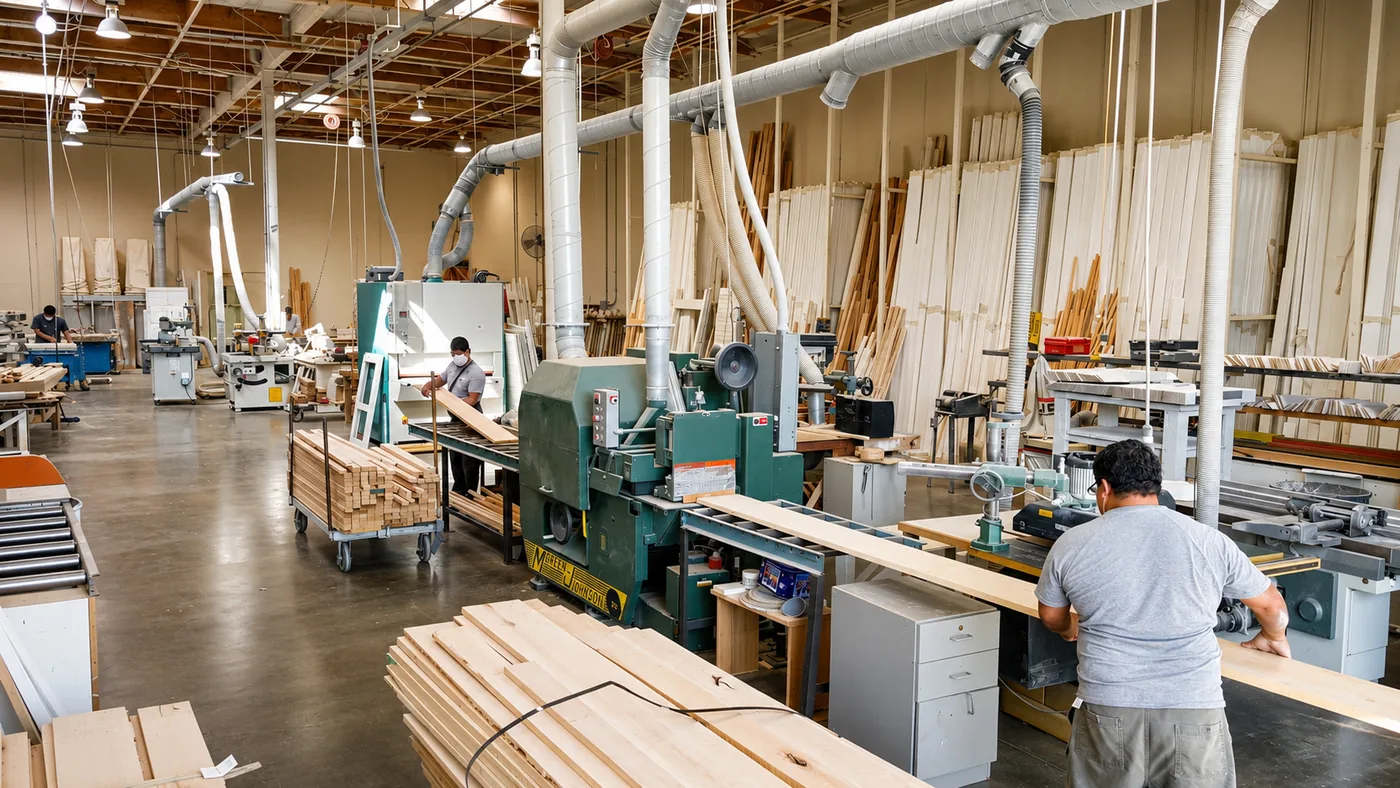 Golden West's Lake Forest factory floor, with stacked North American basswood and woodworking machinery used to mill custom shutter parts