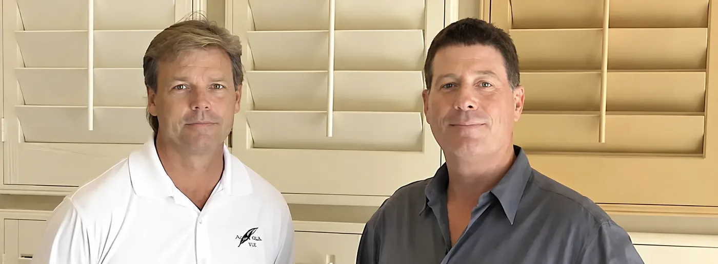 John and Dave, the two owners of Golden West Shutters, standing in front of custom white plantation shutters
