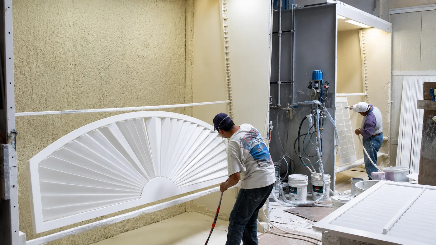 A Golden West finisher hand-spraying an arched sunburst plantation shutter in the spray booth at the Lake Forest factory, where every panel receives a furniture-grade lacquer finish