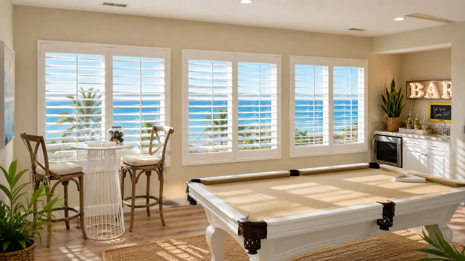 White plantation shutters in an Orange County coastal game room with ocean views